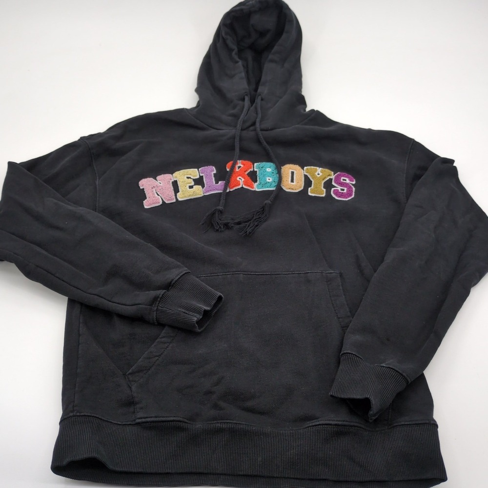 Full Send Nelk Boys Chenille Hoodie Men's Medium Black Rainbow Spellout Pullover